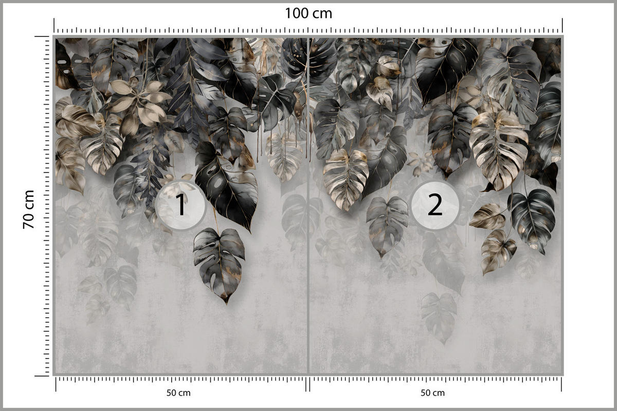 FOTOTAPETE für Wohnzimme Tropenblätter Beton Monstera 100x70 - Gelb/Schwarz, Papier (100/70cm) - Muralo