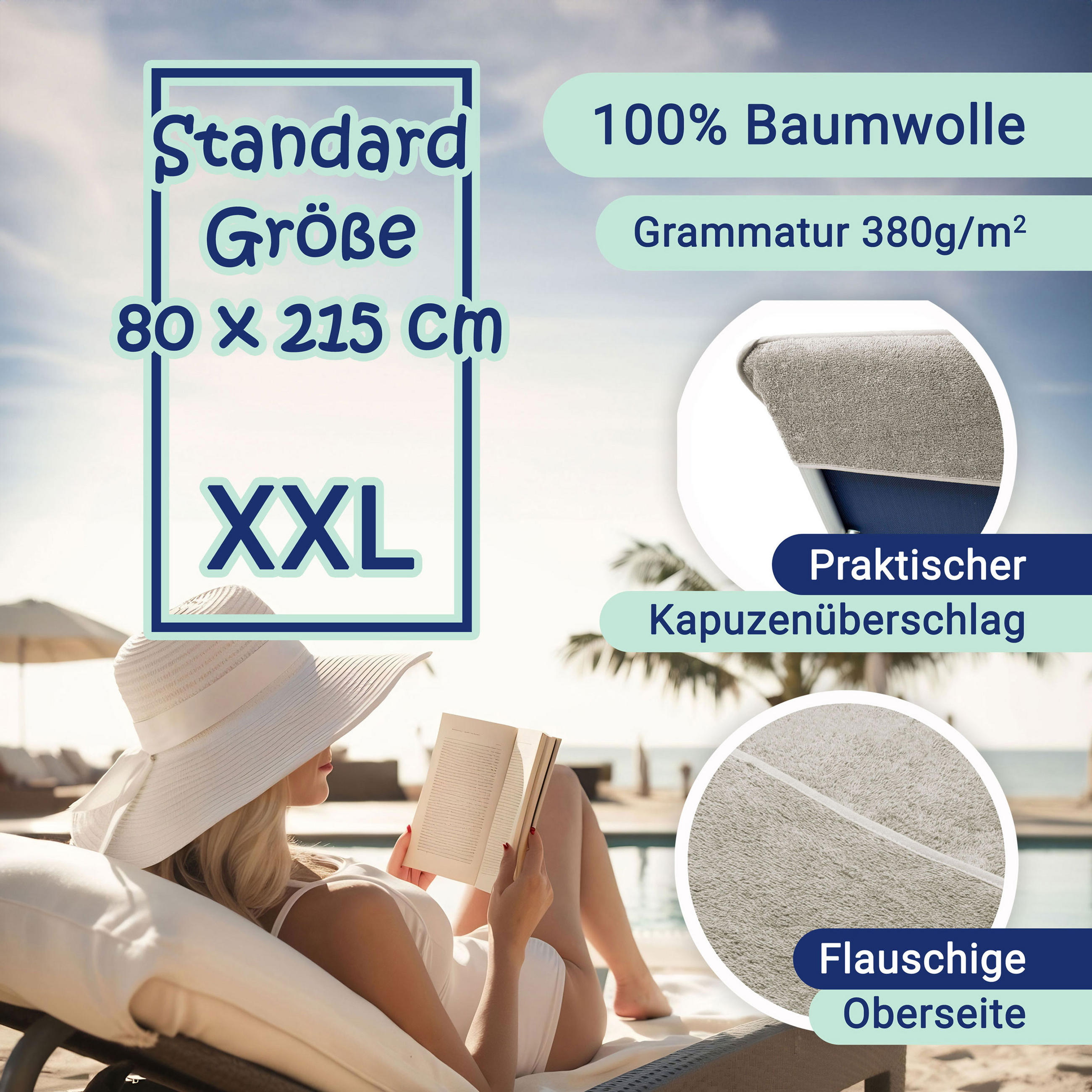 Thumbnail - Zollner Strandtuch,, Grau, Textil, 75x215 cm, Oeko-Tex® Standard 100, Badtextilien, Strandtücher