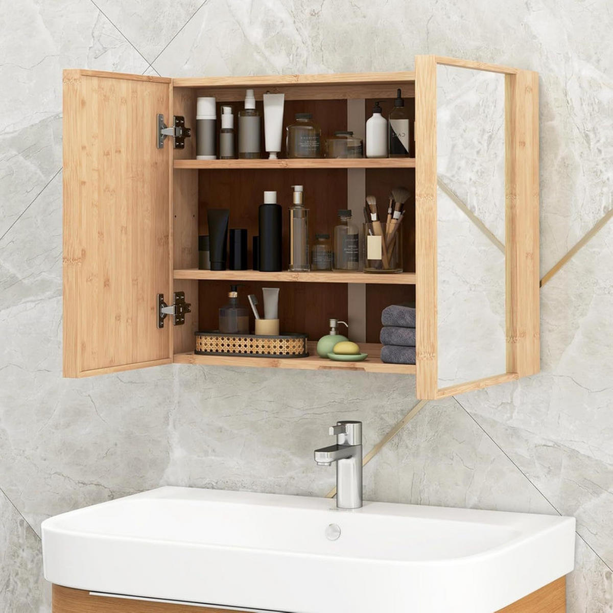 SPIEGELSCHRANK BAD aus Bambus natur - Naturfarben, Naturmaterialen (65/50.5/14cm) - COSTWAY