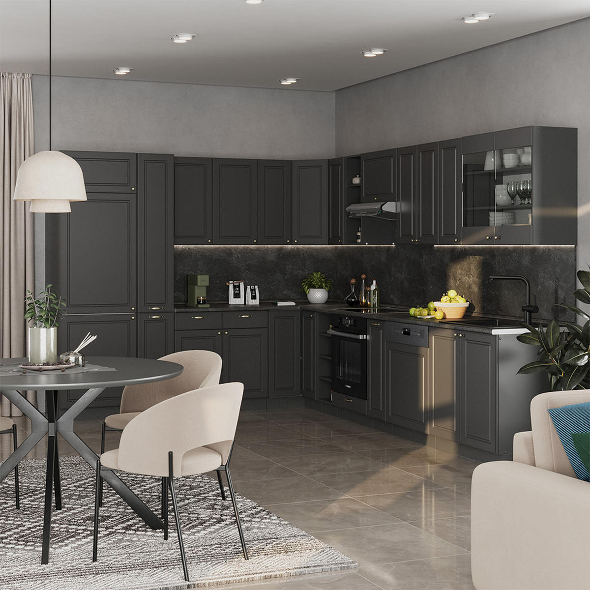 ROHOVÁ KUCHYŇ Fame-Line Anthrazit-Gold Landhaus - antracitová, kompozitní dřevo (347/81.6/46cm) - Vicco