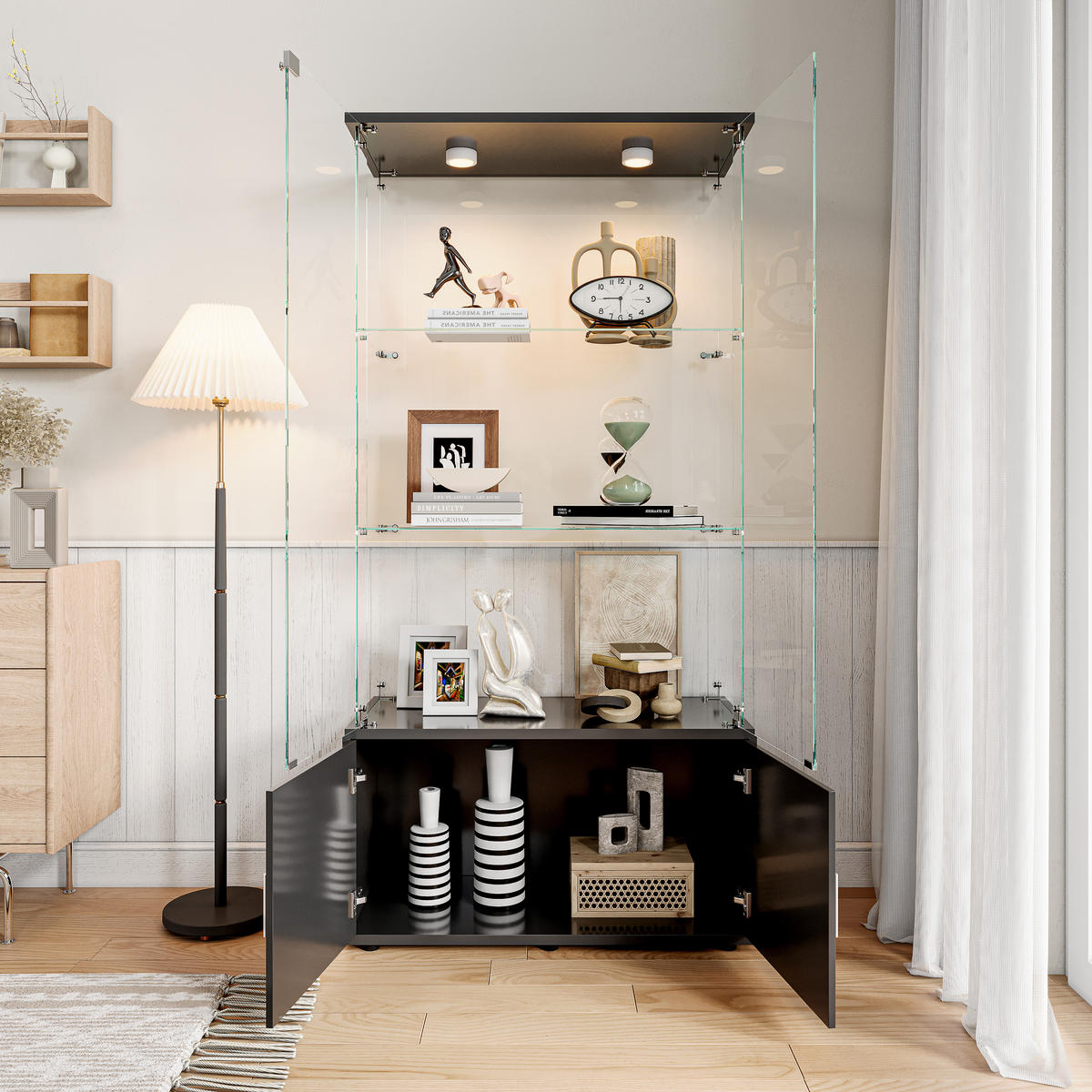 GLASVITRINE 4 Türen 6 Einlegeböden LED Touch schwarz - Schwarz, Holz (78.5/164/35cm) - Fortuna Lai