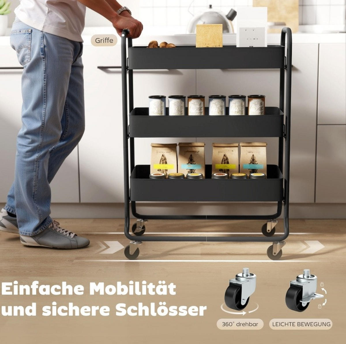 SERVIERWAGEN 64,5/87/34 cm Schwarz aus Metall mit 3-stufiger Aufbewahrung - Schwarz, Metall (34/87/64.5cm) - OKMYHOME