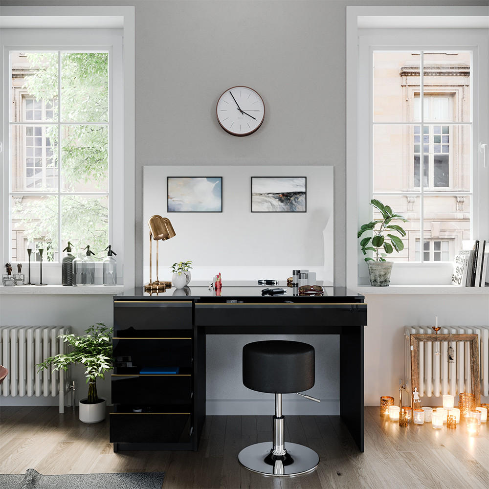 SCHMINKTISCH-SET Sherry Schwarz/Gold 120 cm mit Hocker - Goldfarben/Schwarz, Holzwerkstoff (120/75/55cm) - Vicco
