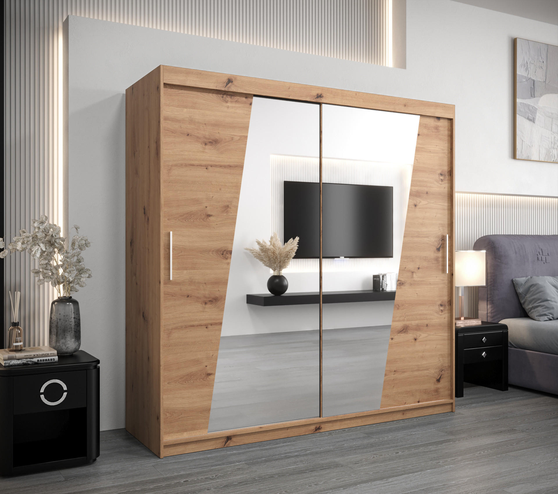 SCHWEBETÜRENSCHRANK 200/200/62 2-türig - Silberfarben/Eiche Artisan, Holz/Kunststoff (200/200/62cm) - MÖBEL KRYSPOL