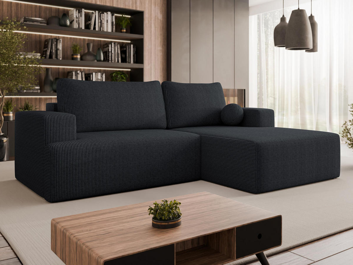 ECKSOFA Mivo Cord, Seite: Rechts - Schwarz, Holz/Kunststoff (266/163cm) - MIRJAN24