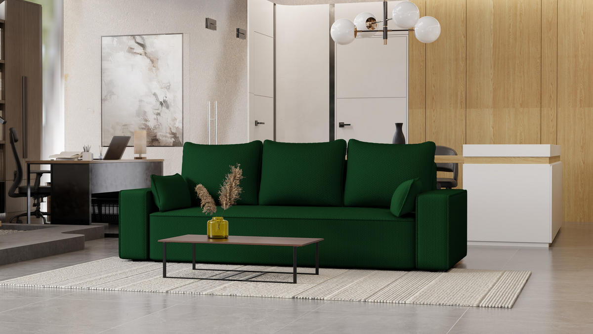 SOFA Vens mit Bettkasten und Schlaffunktion, Cordstoff - Grün, Holzwerkstoff (242/85/95cm)