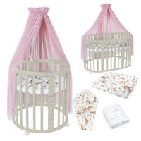 BABYBETT OLIVE OVAL 7in1 mit Matratze und Himmelset - Olivgrün/Rosa, Holz/Textil