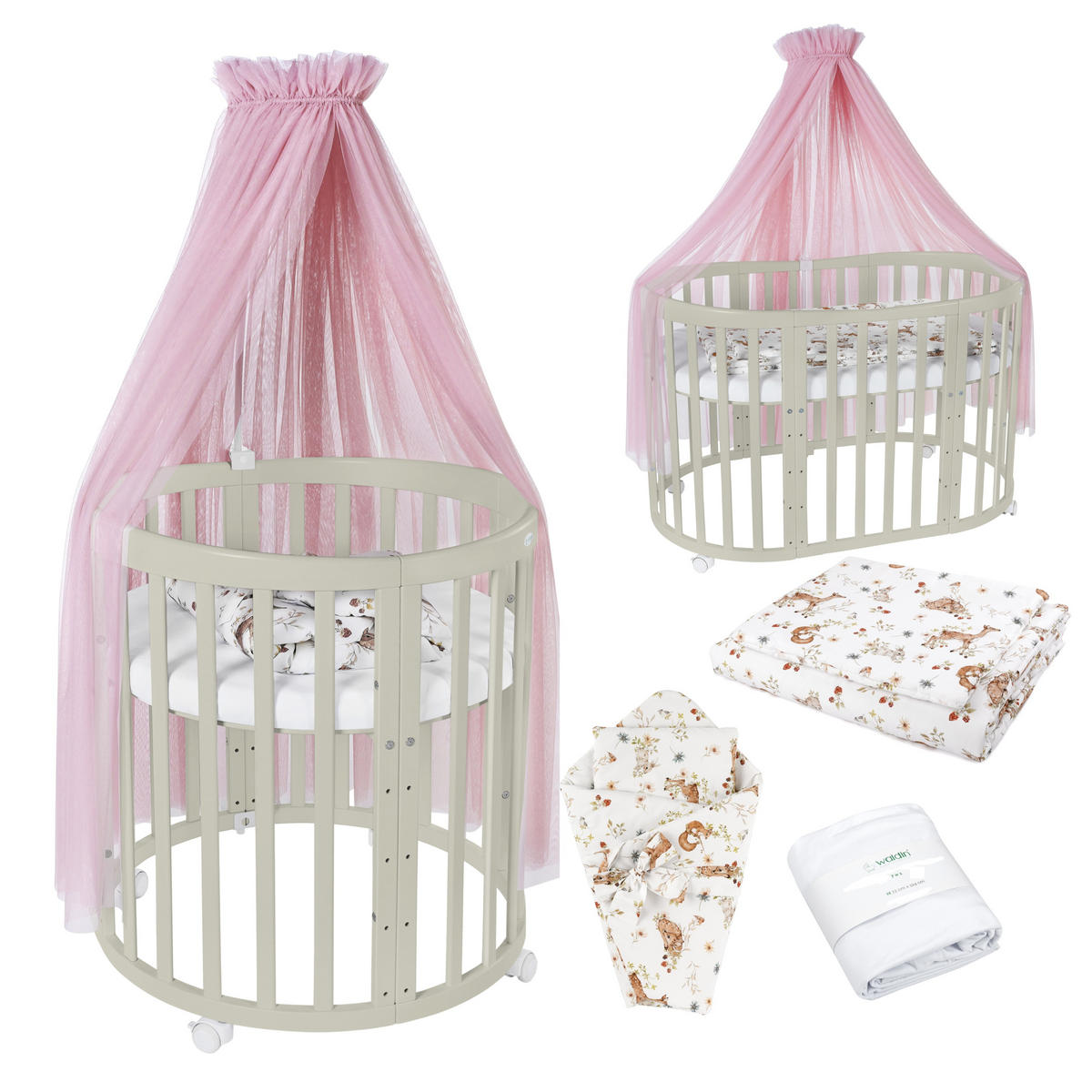 BABYBETT OLIVE OVAL 7in1 mit Matratze und Himmelset - Olivgrün/Rosa, Holz/Textil