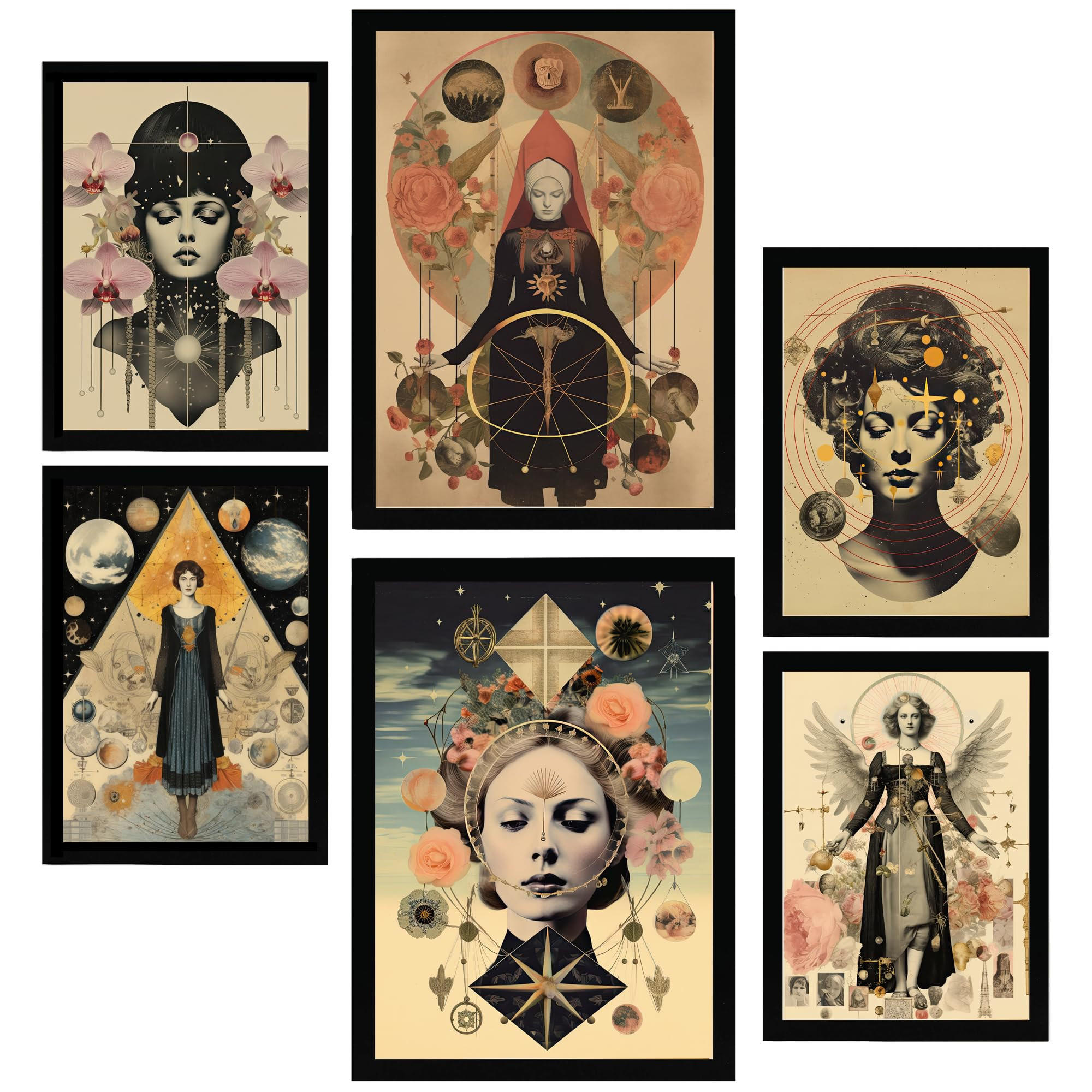 POSTER Set Mit 6 Surreale Feminine Im Mystischen Esoterischen A3 & A4 Schwarzer Rahmen - Schwarz, Papier (29/3cm) - Nacnic