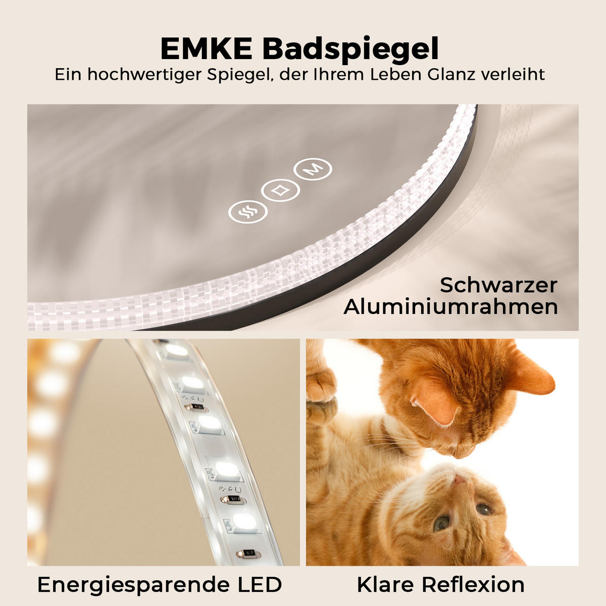 BADSPIEGEL Runder mit Beleuchtung Schwarz ф60 cm - Schwarz, Glas (60/4.3/60cm) - EMKE
