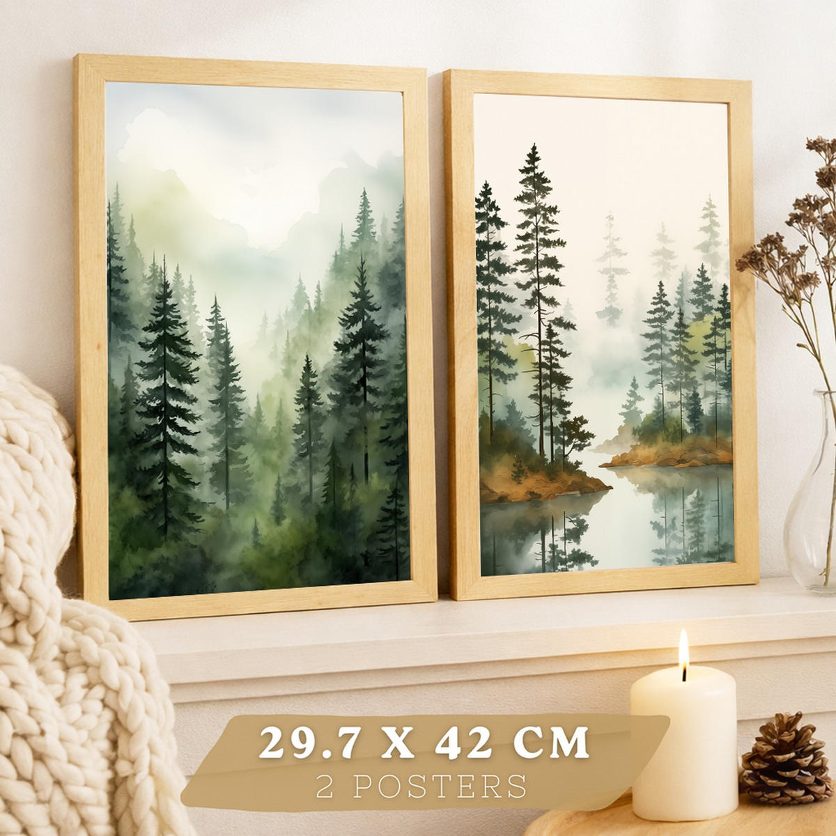 PLAKAT Sada 2 dekorativních tisků Nordic Forest Landscape Moderní obývák Obrázky - Zelené a hnědé dekorativní plakáty Dekorace Obývací A3 bez rámu - čirá, papír (29.7/42/3cm) - Nacnic