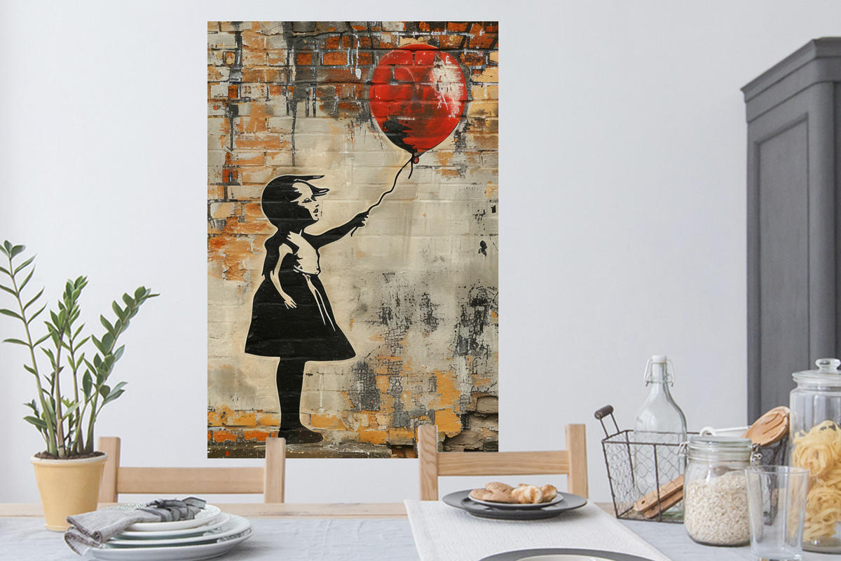 WANDTATTOO Graffiti - Banksy - Mädchen - Straßenkunst 80x120 cm - Sandfarben, Kunststoff (80/120/0.1cm) - MuchoWow