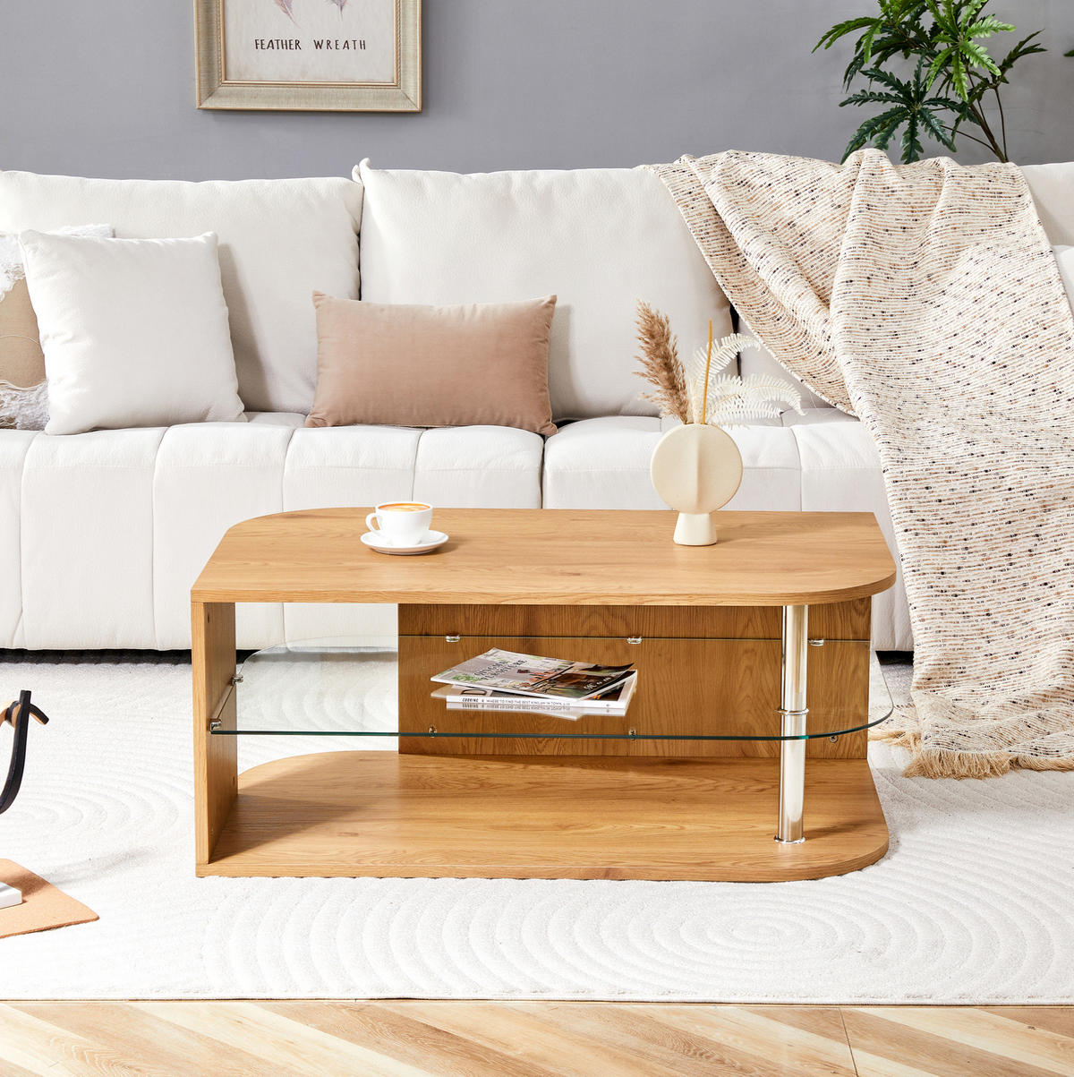 COUCHTISCH aus MDF und Glas 100x60x42 cm in Naturholz mit Stauraum - Naturfarben, Holzwerkstoff (100/60/42cm) - Modfu