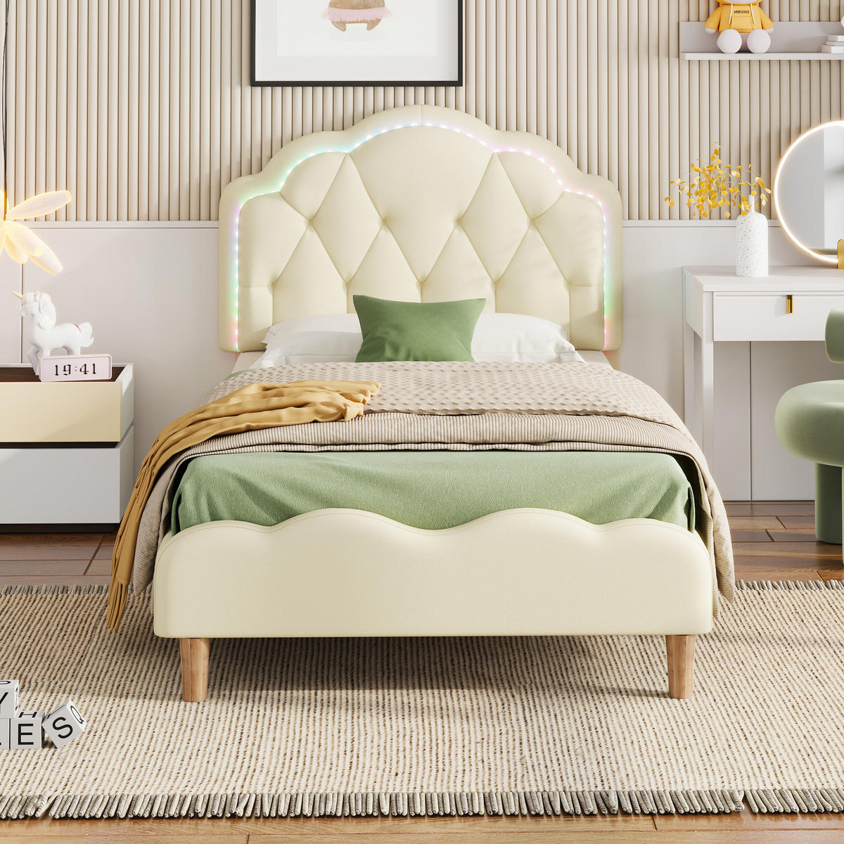 POLSTERBETT 90/200 cm Beige mit Wellenförmigem Kopfteil und LED-Beleuchtung - Beige, Kunststoff (90/200cm) - OKWISH