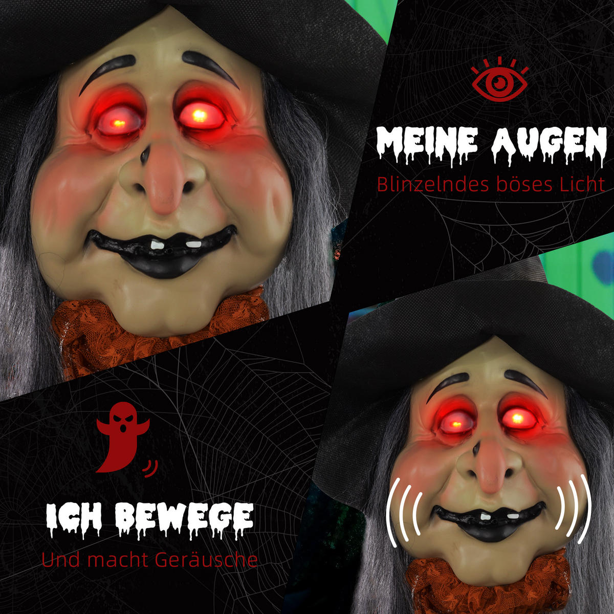 HALLOWEEN DECORATIONS 183cm Halloween-Hexe mit LED-Lichter, Soundfunktion - Schwarz, Kunststoff/Metall (60/183/18cm) - HOMCOM