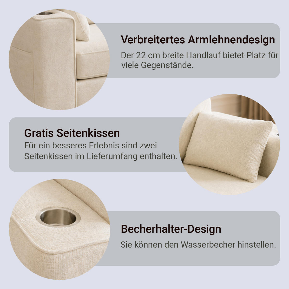 2-SITZER-SOFA 182 cm Chenille mit Getränkehaltern, DE-42913, Beige - Beige, Holz (182/96/79cm) - ComfortXL