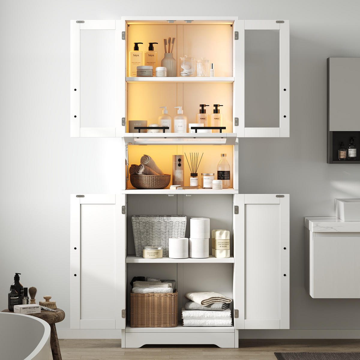 BADEZIMMERSCHRANK in Weiß Aufbewahrungsschrank mit Verstellbare Einlegeböden und App-gesteuertes LED, B60/T30/H170cm - Weiß, Glas/Holzwerkstoff (60/170/30cm) - STILVORA