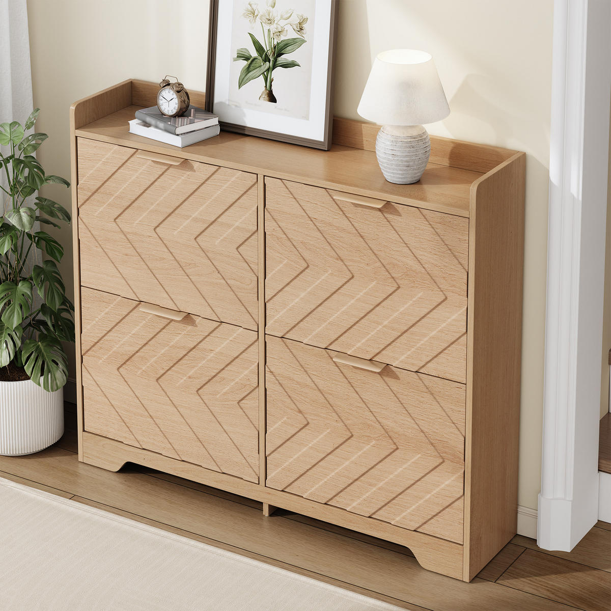 SCHUHSCHRANK 4 Klappen 3D Front mit Ablage - Naturfarben, Holz (105/90/24cm) - LEBENLANG