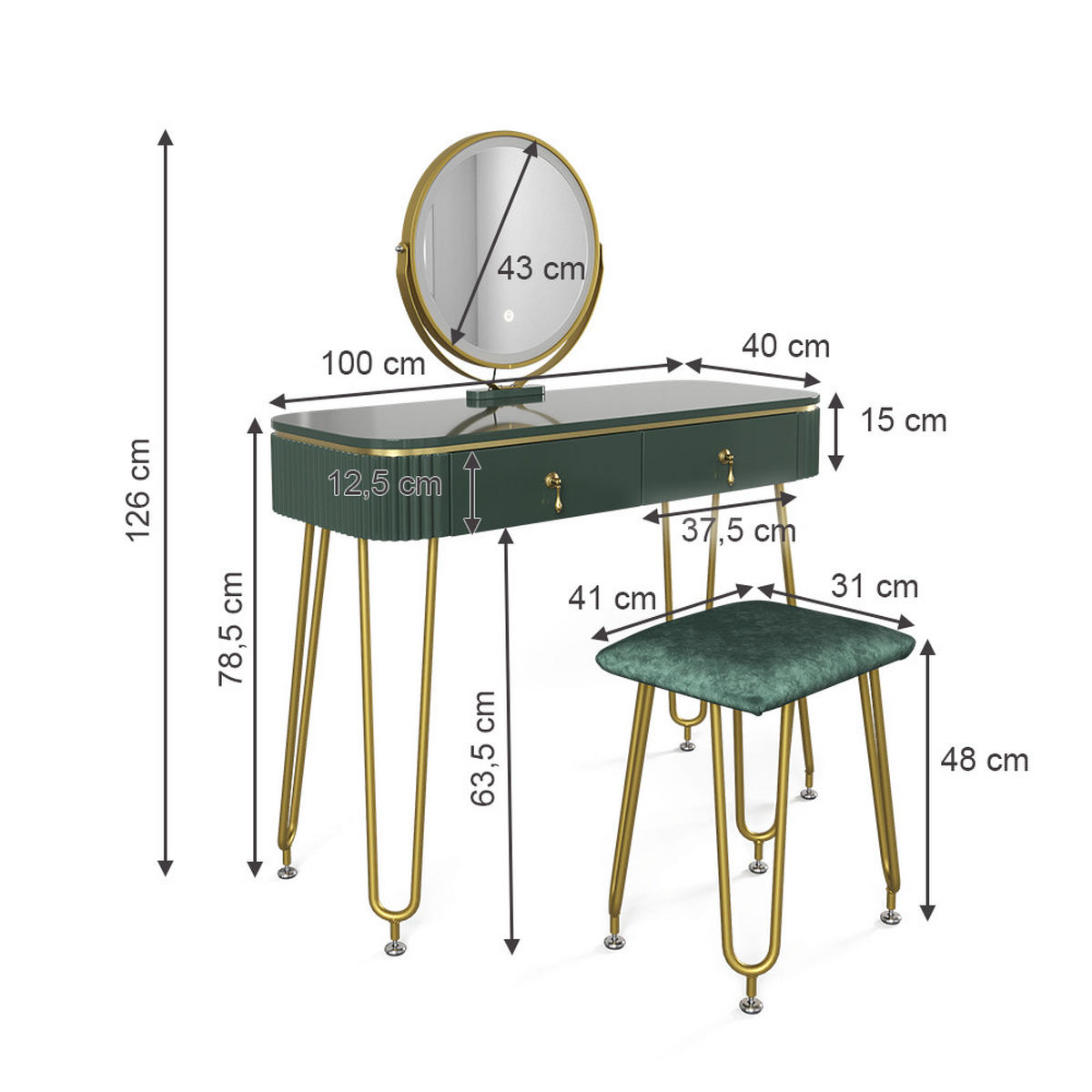 SCHMINKTISCH Grace Dunkelgrün Hochglanz 100 cm mit LED Beleuchtung und Hocker - Dunkelgrün, Holzwerkstoff (100/126/40cm) - Vicco