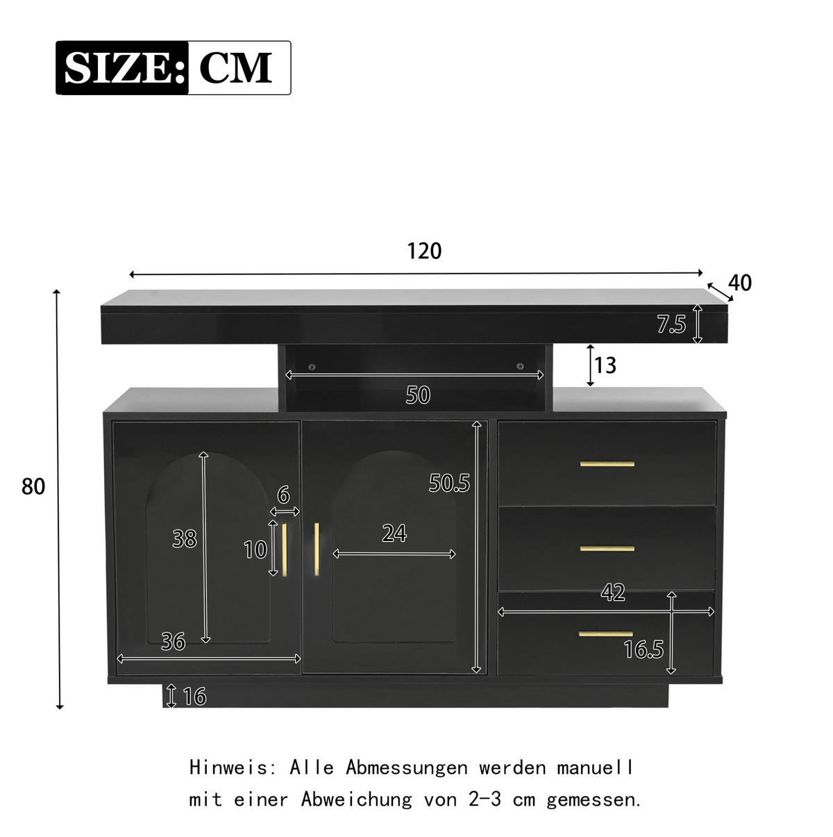 SIDEBOARD aus Spanplatte 120x40x80 cm Schwarz mit LED-Beleuchtung, Hochglanzfront und viel Stauraum - Schwarz, Holzwerkstoff (120/80/40cm) - Modfu