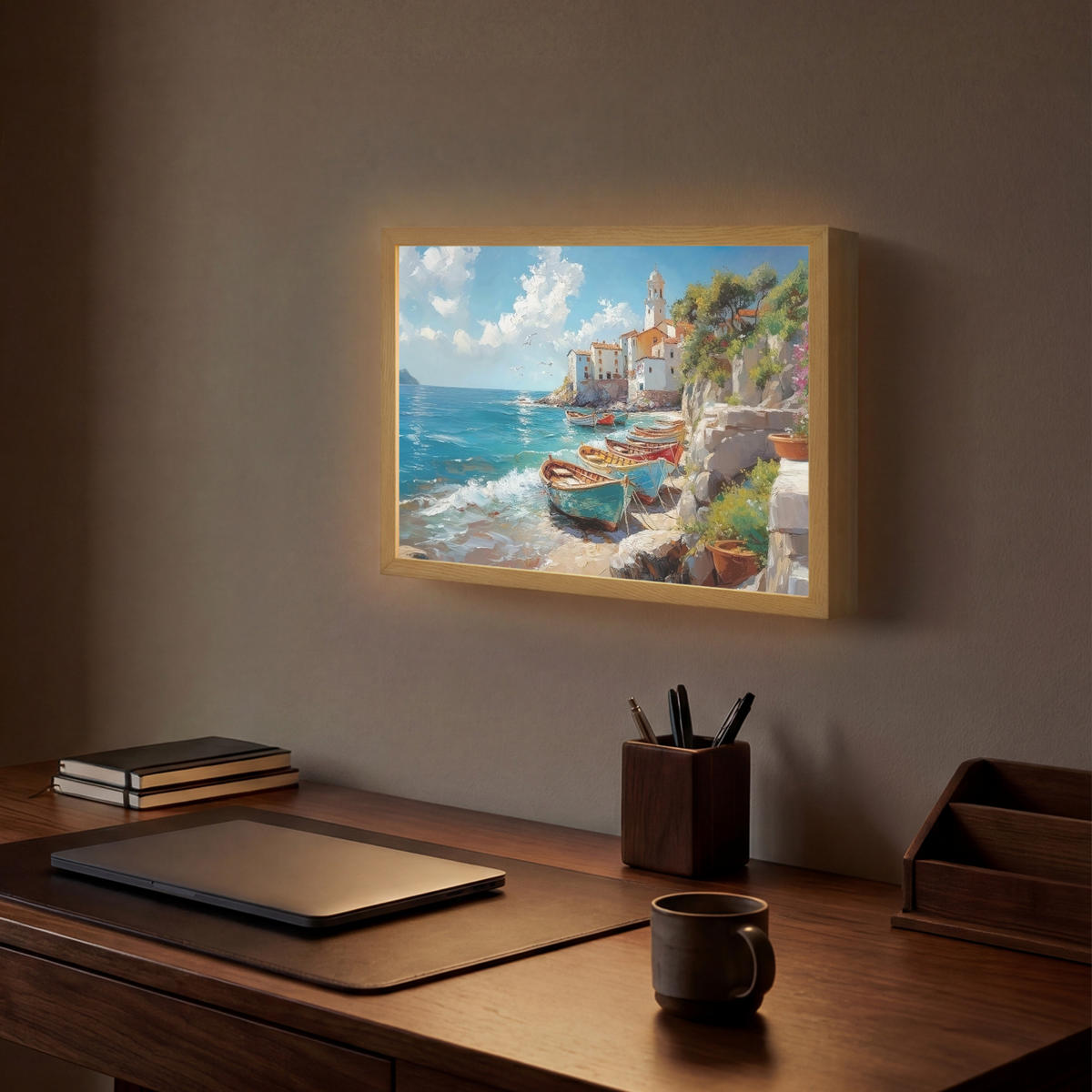 NÁSTĚNNÁ LAMPA S AKUMULÁTOREM Lodě - skály - moře - slunce 40x30 cm - modrá, kompozitní dřevo (40/30/8cm) - OnlyWow