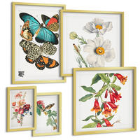 BILDER SET 5er Set - 50x50 cm & 20x30 cm & 40x60 cm Goldrahmen - Blumen, Schmetterlinge, Vögel, Pastellfarben - Goldfarben, Kunststoff (40/60cm) - TULUP