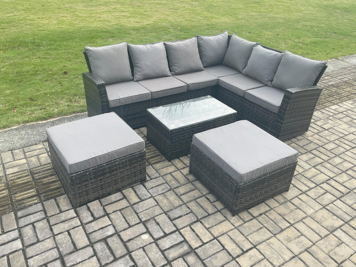 LOUNGEGARNITUR mit Couchtisch Sofa Polyrattan Dunkelgrau 8-Sitzer - Dunkelgrau/Grau, Glas/Kunststoff - Fimous