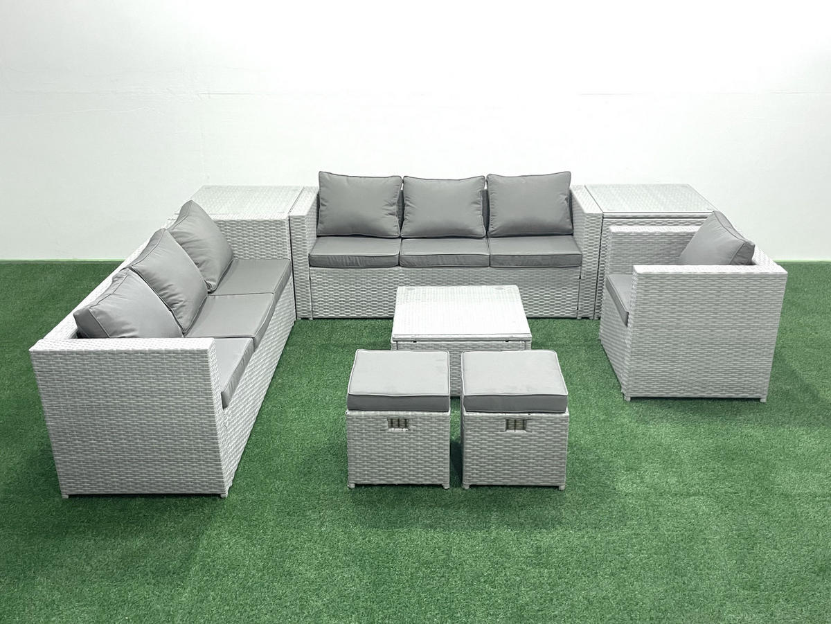 GARTENMÖBEL-SET mit Kissen Polyrattan Hellgrau-Mix 9-Sitzer - Hellgrau/Grau, Glas/Kunststoff - Fimous
