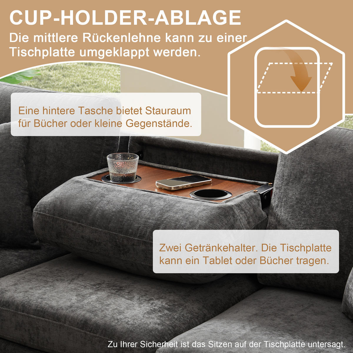 SOFA Grau Ecksofa Chenille Schlaffunktion USB Couchtisch 205cm - Grau, Textil (205/85/205cm) - FLIEKS