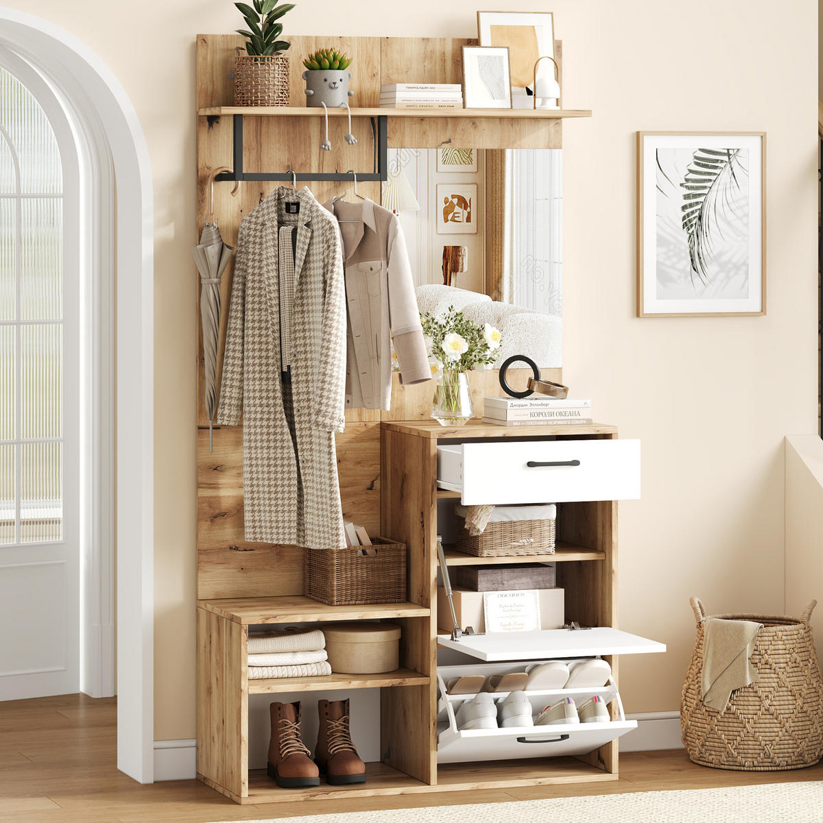 GARDEROBENSET mit Spiegel und Schuhbank 100 x 38,5 x 190 cm Weiß/Natur - Weiß, Holzwerkstoff (38.5/190/100cm) - Beauniv