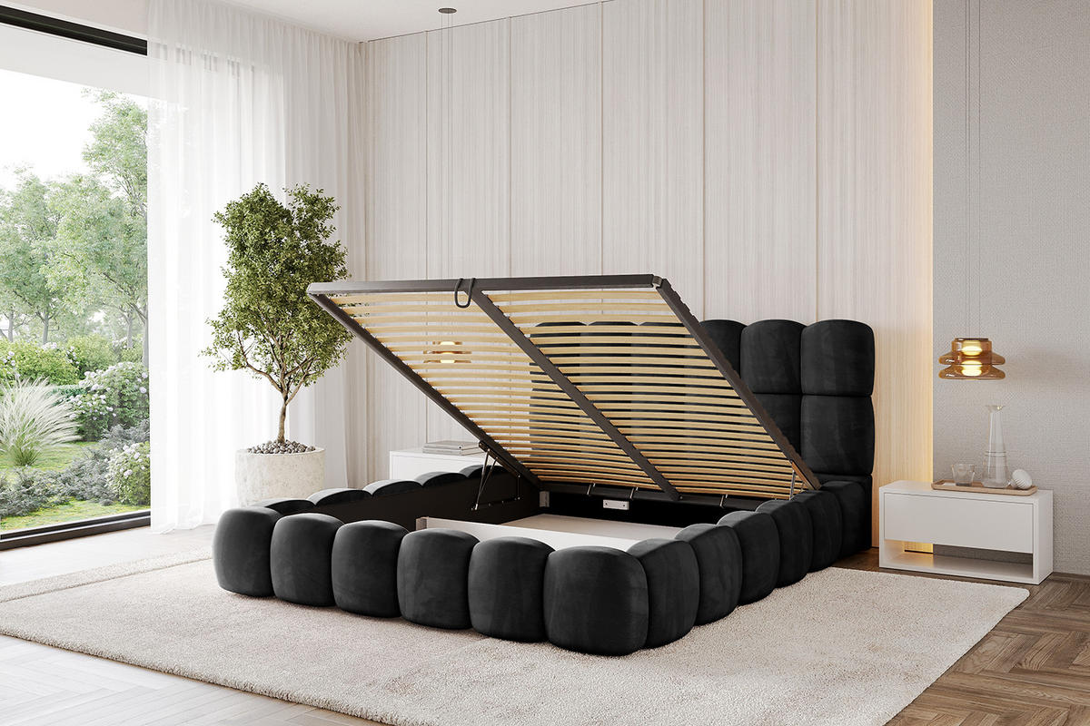 POLSTERBETT mit Bettkasten und Lattenrost, Bett mit Matratze H3/H4 - LEYA 120x200 Schwarz - Schwarz, Holzwerkstoff/Textil (120/200cm) - ALTDECOR