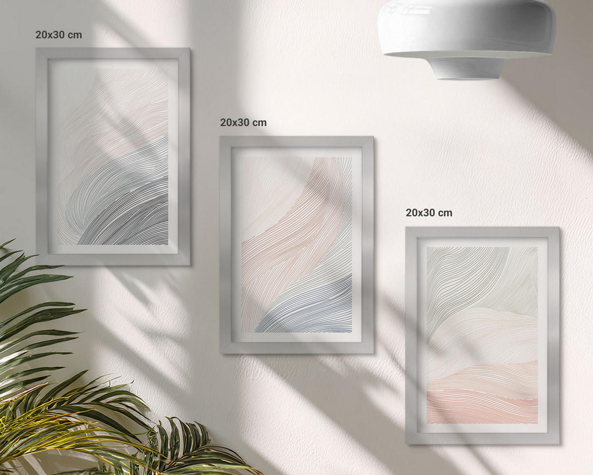 BILDER SET 3er Set - 20x30 cm Silberner Rahmen - Abstrakte Wellen, Karton, Pastell - Silberfarben, Kunststoff (20/30cm) - TULUP