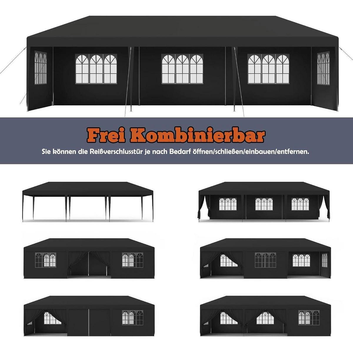 GARTENPAVILLON 3x6m Anthrazit Wasserdicht mit Seitenteilen und Fenstern - Schwarz, Kunststoff (300/250/600cm)