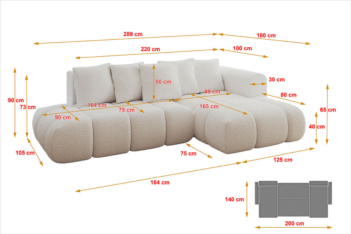 ECKSOFA Ottomane Rechts CLOUD-L-v1 289x180x40 Weiß Bouclé - Weiß, Holzwerkstoff/Kunststoff (289/180cm) - ALTDECOR