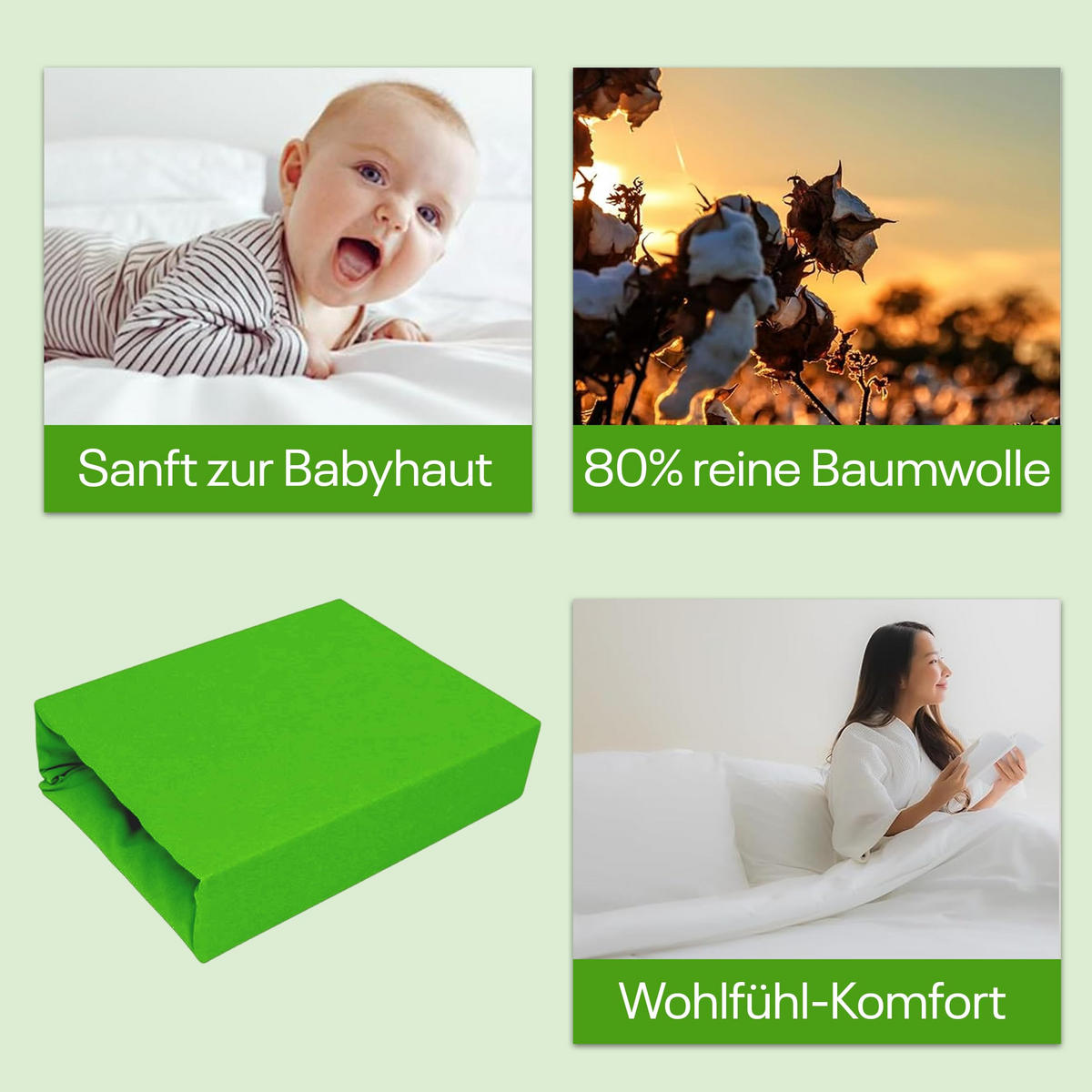 SPANNBETTLAKEN 180/200 cm, Jersey Elastisch 100 % Baumwolle Grüner Apfel - Hellgrün, Textil (180/200cm) - Best For Home