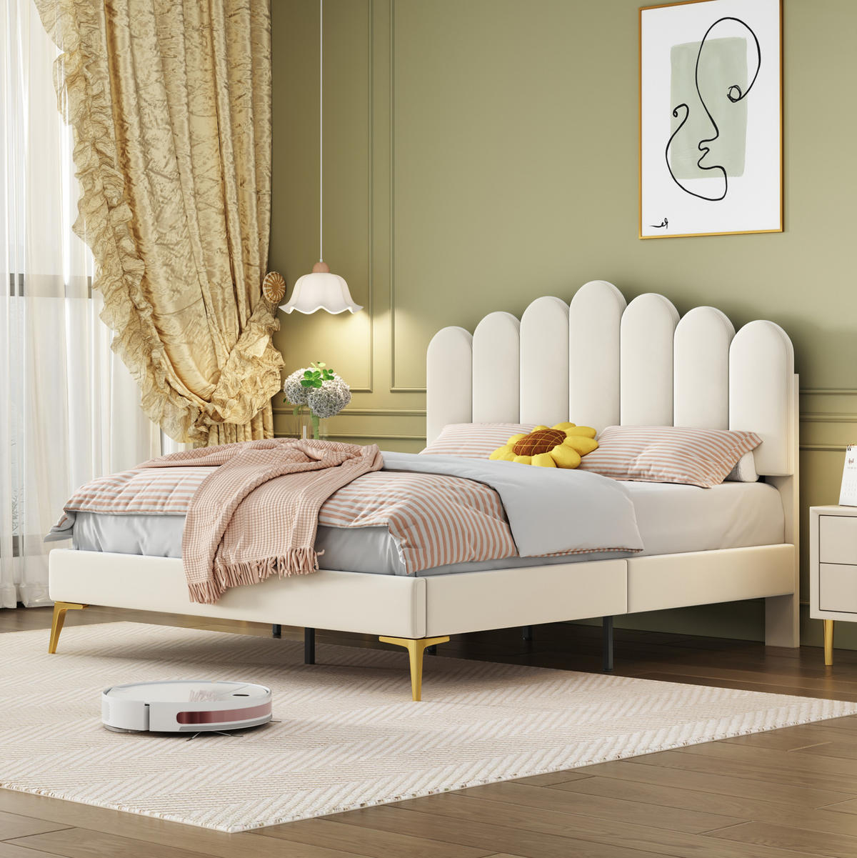 POLSTERBETT mit verstellbarem Kopfteil 140x200 cm Samt Beige - Beige, Metall (140/200cm) - Meubliv