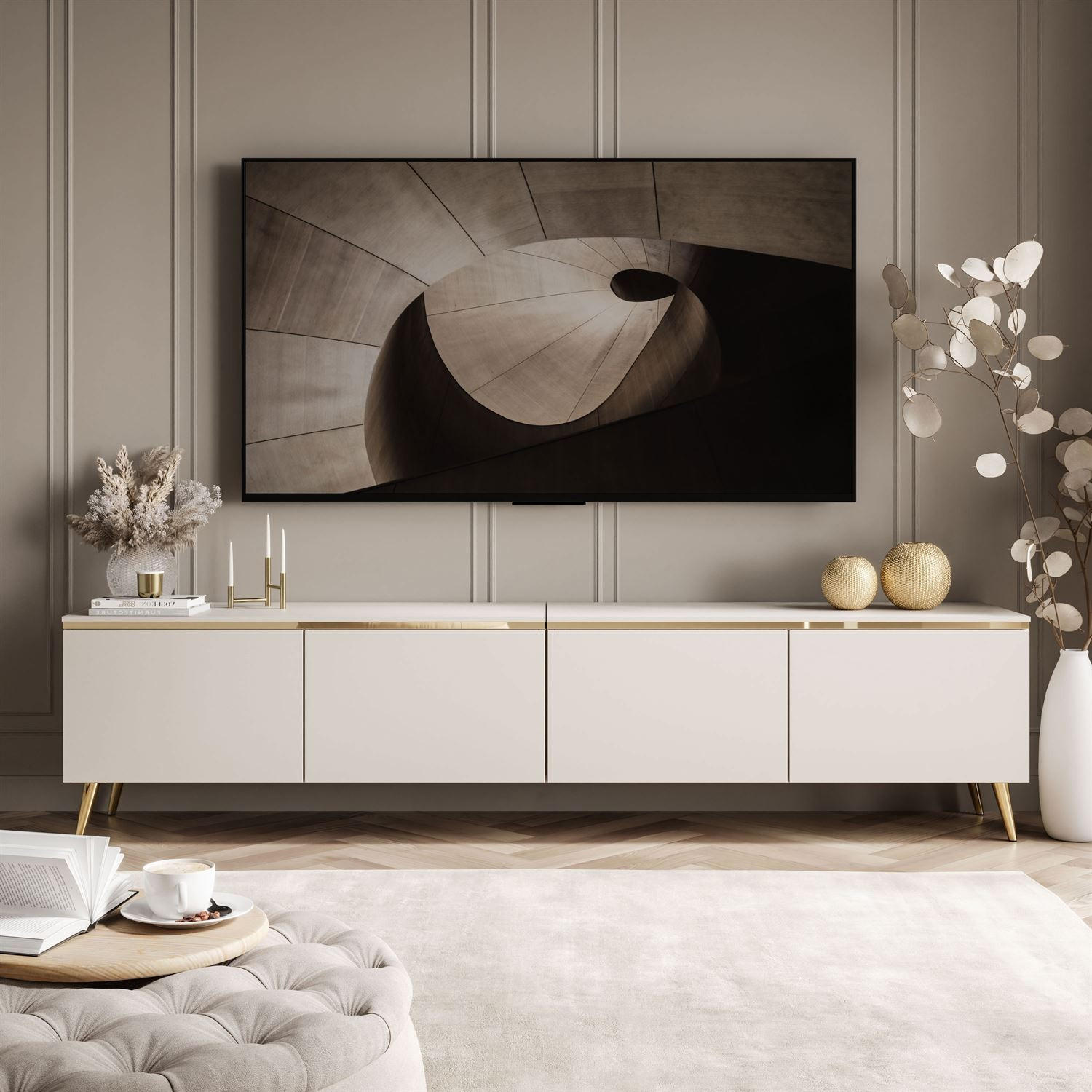 LOWBOARD TV-Schrank CELINE KASCHMIR 200 cm auf schrägen goldenen Chrom-Beinen - Kaschmir/Goldfarben, Holzwerkstoff/Metall (200/48/40cm) - Lookway