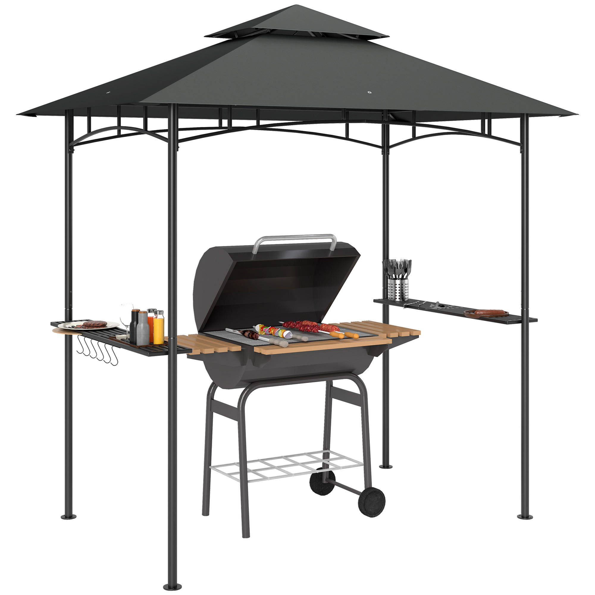 GRILLPAVILLON mit LED 240 x 150 x 258 cm wasserabweisend flammhemmend Gartenpavillon mit Doppelschichtdach - Dunkelgrau, Metall (240/258/150cm)