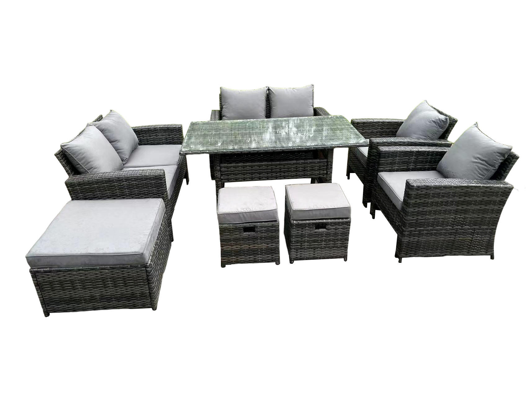 GARTENMÖBELGARNITUR mit Esstisch Polyrattan Dunkelgrau 9-Sitzer - Dunkelgrau/Grau, Glas/Kunststoff - Fimous