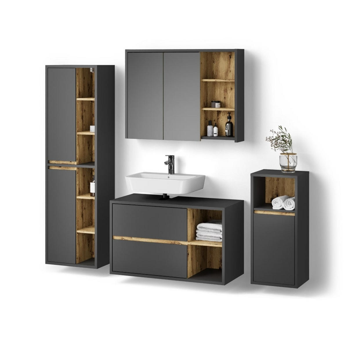 BADMÖBEL-SET Vomano Anthrazit 4 Teile - Eichefarben/Anthrazit, Holzwerkstoff (100/60/45cm) - Livinity®