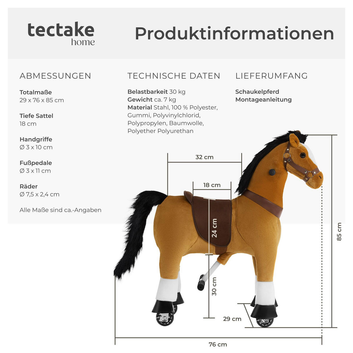 SCHAUKELPFERD AUF ROLLEN ,rutschfeste Gummigriffe und -pedale,hellbraun - Hellbraun, Kunststoff (76/29/85cm) - tectake