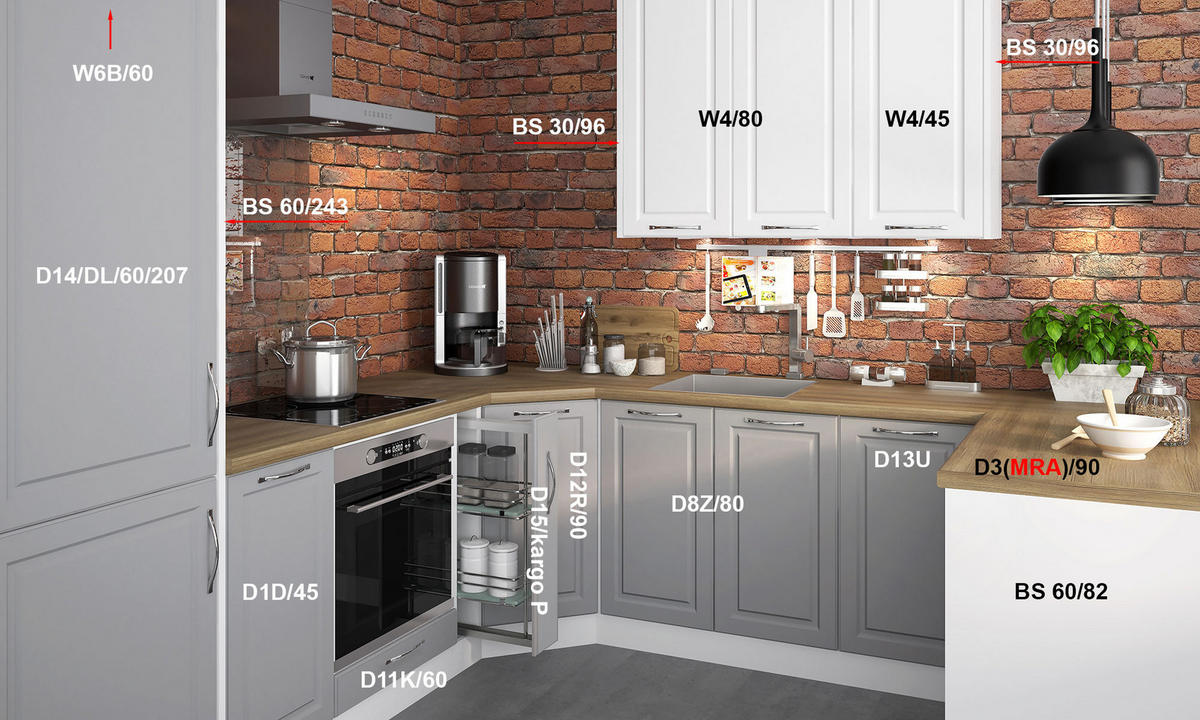 U-FORM KÜCHENZEILE 11-tlg Elbing Weiß / Grey Stone 275 / 274,4 / 243cm - Blum Teilauszug - Weiß/Grau, Holzwerkstoff/Metall (275/243/274.4cm) - Feldmann-Wohnen