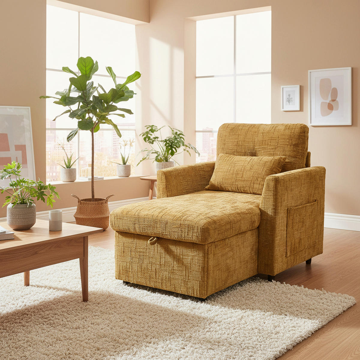 SCHLAFSOFA in Senfgelb aus Chenille mit Handyhalterung & Stauraum - Gelb/Grün, Textil (84/87/125cm) - Urban Meuble