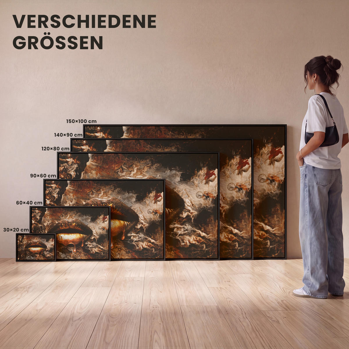 LEINWAND Bilder mit Rahmen - Gold - Lippen - Kunst - Gold - Luxus - Abstrakt - 90x60 - Kupferfarben, Textil (90/60cm) - MuchoWow