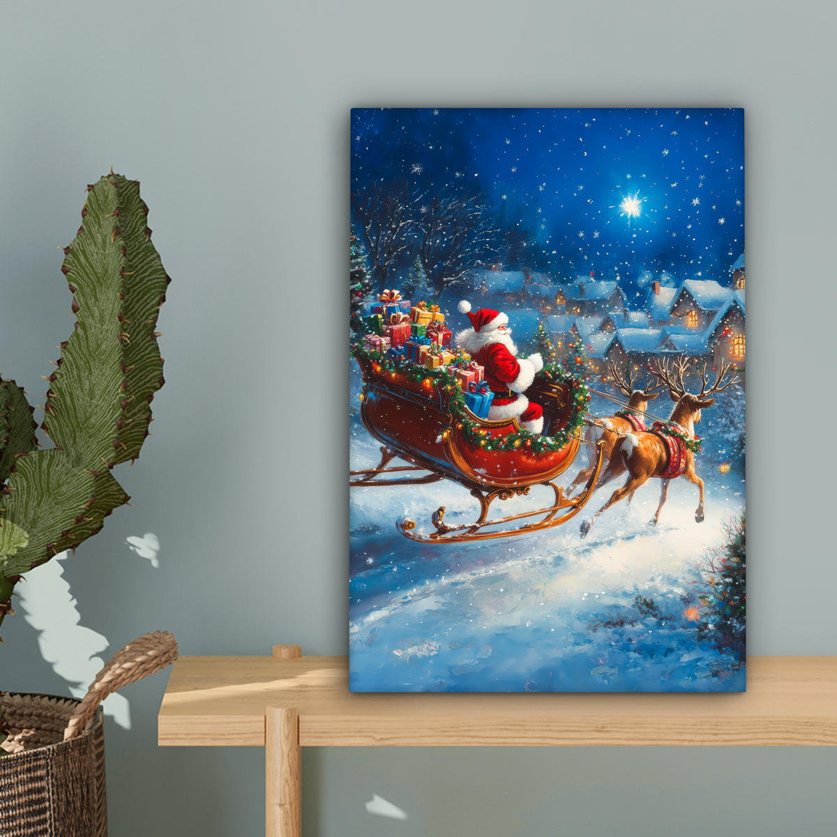 LEINWANDBILD Weihnachtsmann - Rentier - Weihnachten - Schnee Deko Wohnzimmer 20x30 cm - Cognac, Textil (20/30cm) - MuchoWow