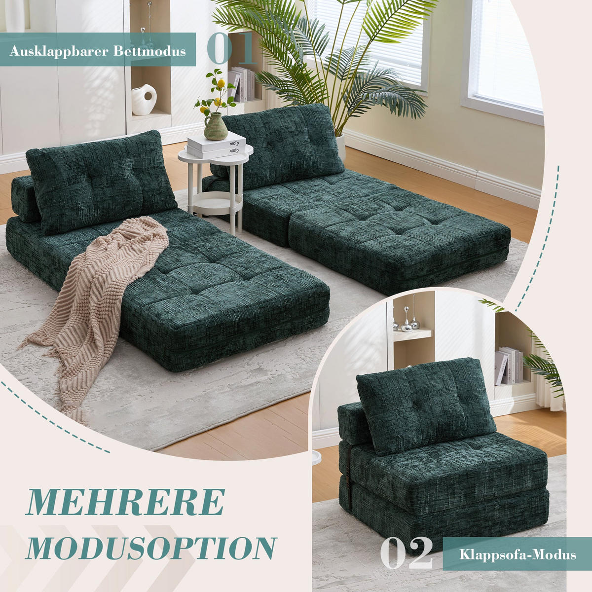 KLAPPBARER Chenille-Sessel mit Kissen, 79 x 79 x 57 cm, Grün - Dunkelgrün, Textil (79/57/79cm) - Urban Meuble