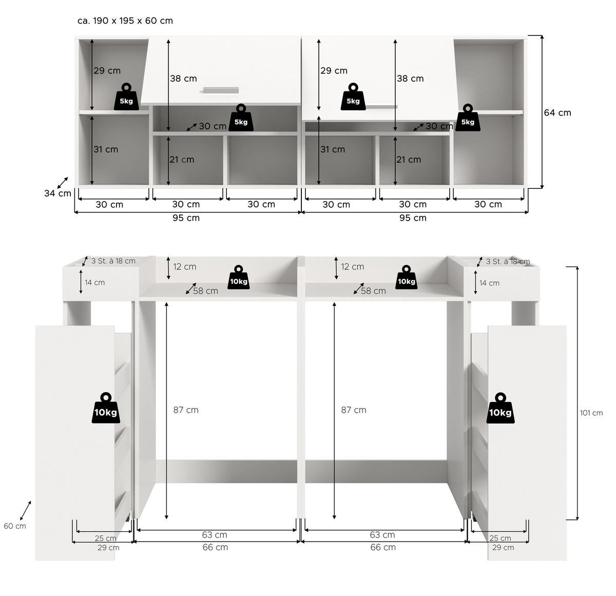 WASCHMASCHINENUMBAU 4tlg. Set Mixx Bad in weiß Nachbildung - modernes Design - B/H/T: 190x195x60 cm - Weiß, Holzwerkstoff (190/195/60cm) - Homes & Jones