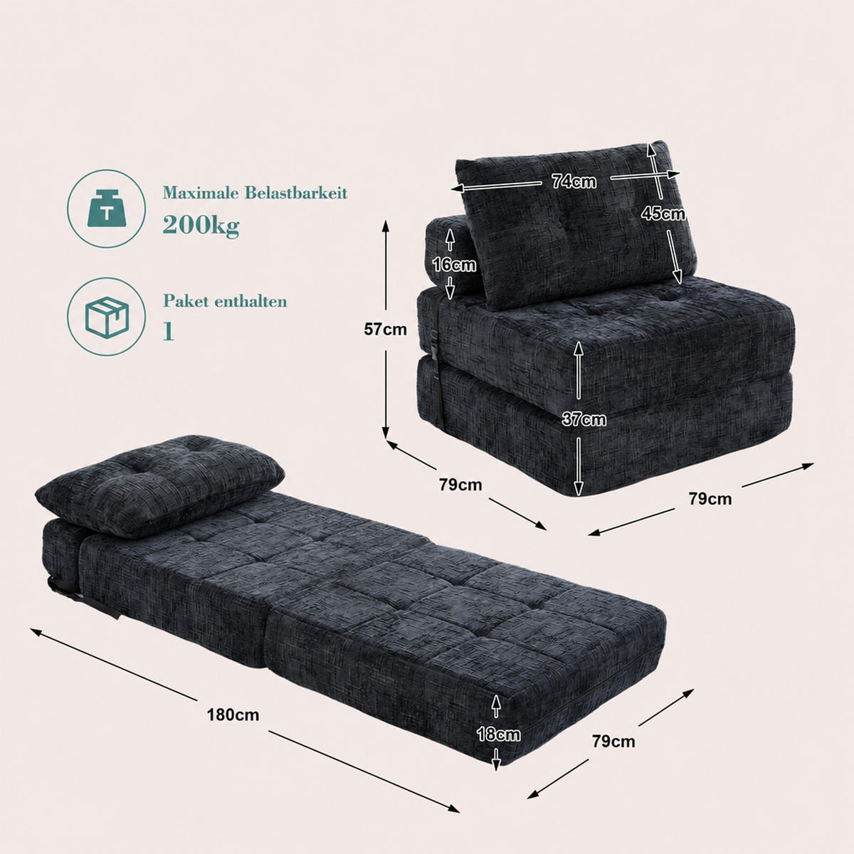 SCHLAFSOFA Schwarz mit Kopf- und Lendenkissen, Chenille - Schwarz, Textil/Metall (79/57/79cm) - CHICFURN