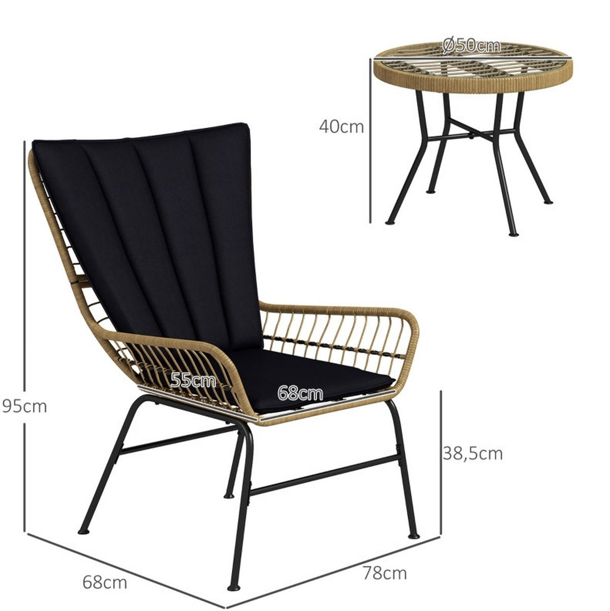 BALKONSET 3-teilig,50×50×40cm schwarz aus Rattan mit Kissen und Glas Tisch - Schwarz, Naturmaterialen - Modfu