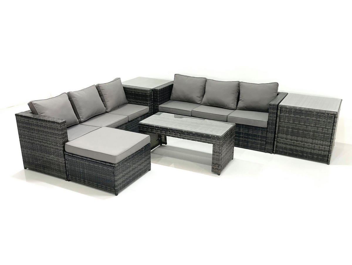 GARTENMÖBEL COUCHTISCH SET mit Sofa Polyrattan Outdoor 7-Sitzer - Dunkelgrau/Grau, Glas/Kunststoff - Fimous